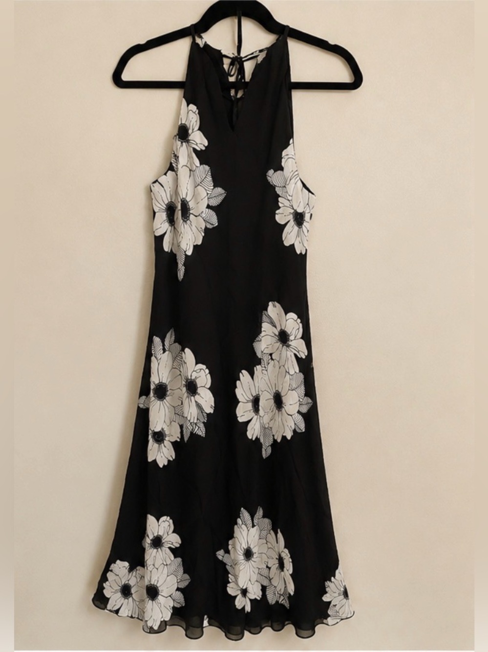 Ann Taylor Black Floral Halter Dress with White Flowers